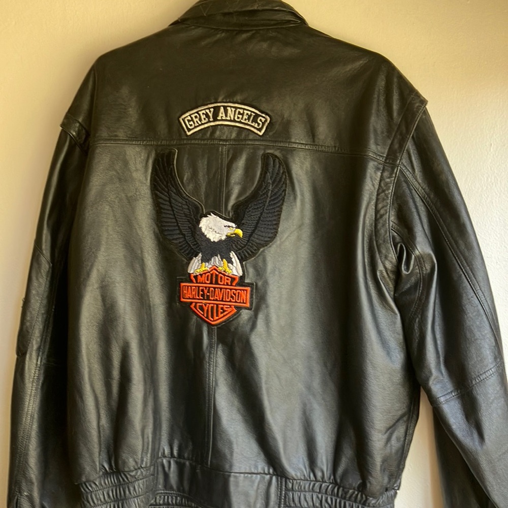 Vintage Wilson 100% Leather Jacket.  Grey Angel’s Patch & Harley Davidson Patch